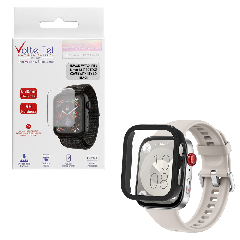 VOLTE-TEL PC EDGE COVER TEMPERED GLASS HUAWEI WATCH FIT 3 43mm 1.82in 9H 0.30mm WITH KEY 3D FULL GLUE FULL COVER BLACK