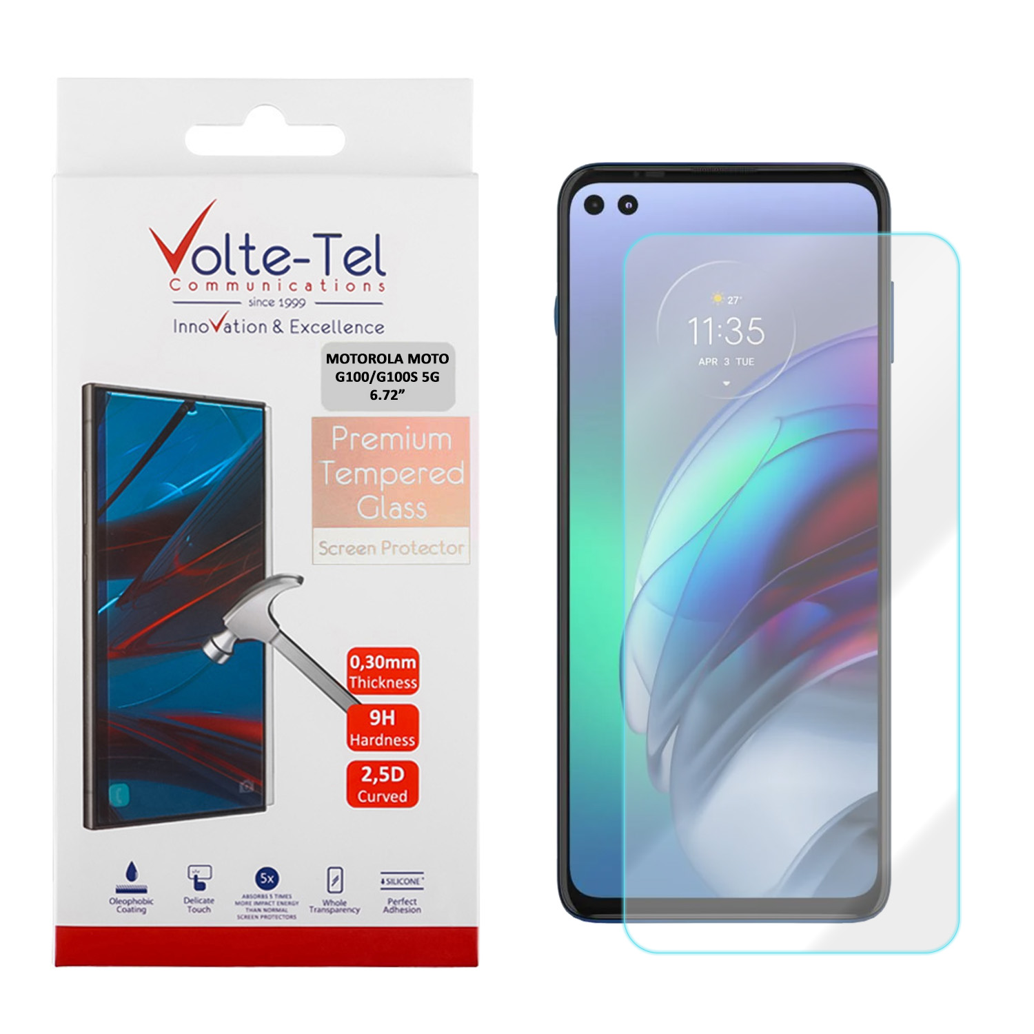 VOLTE-TEL TEMPERED GLASS MOTOROLA MOTO G100/G100S 5G 6.72in 9H 0.30mm 2.5D FULL GLUE