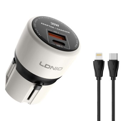 LDNIO φορτιστής τοίχου Q2319 με καλώδιο Lightning, EU/UK/US/AU βύσμα, USB/USB-C, 30W, γκρι