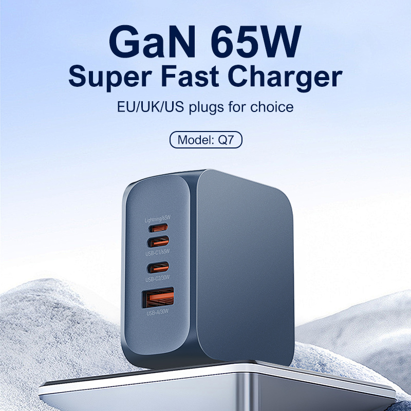 LDNIO φορτιστής τοίχου Q7 με καλώδιο USB-C, USB/Lightning/2x USB-C, GaN, 65W, μπλε - Image 3