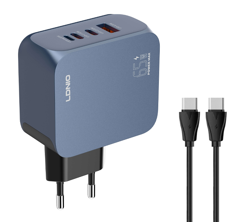 LDNIO φορτιστής τοίχου Q7 με καλώδιο USB-C, USB/Lightning/2x USB-C, GaN, 65W, μπλε