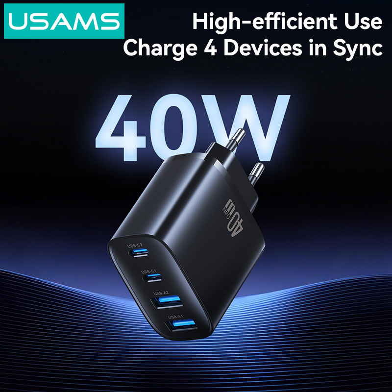 USAMS φορτιστής τοίχου CC330, 2x USB & 2x USB-C, 40W, GaN, μαύρος - Image 3