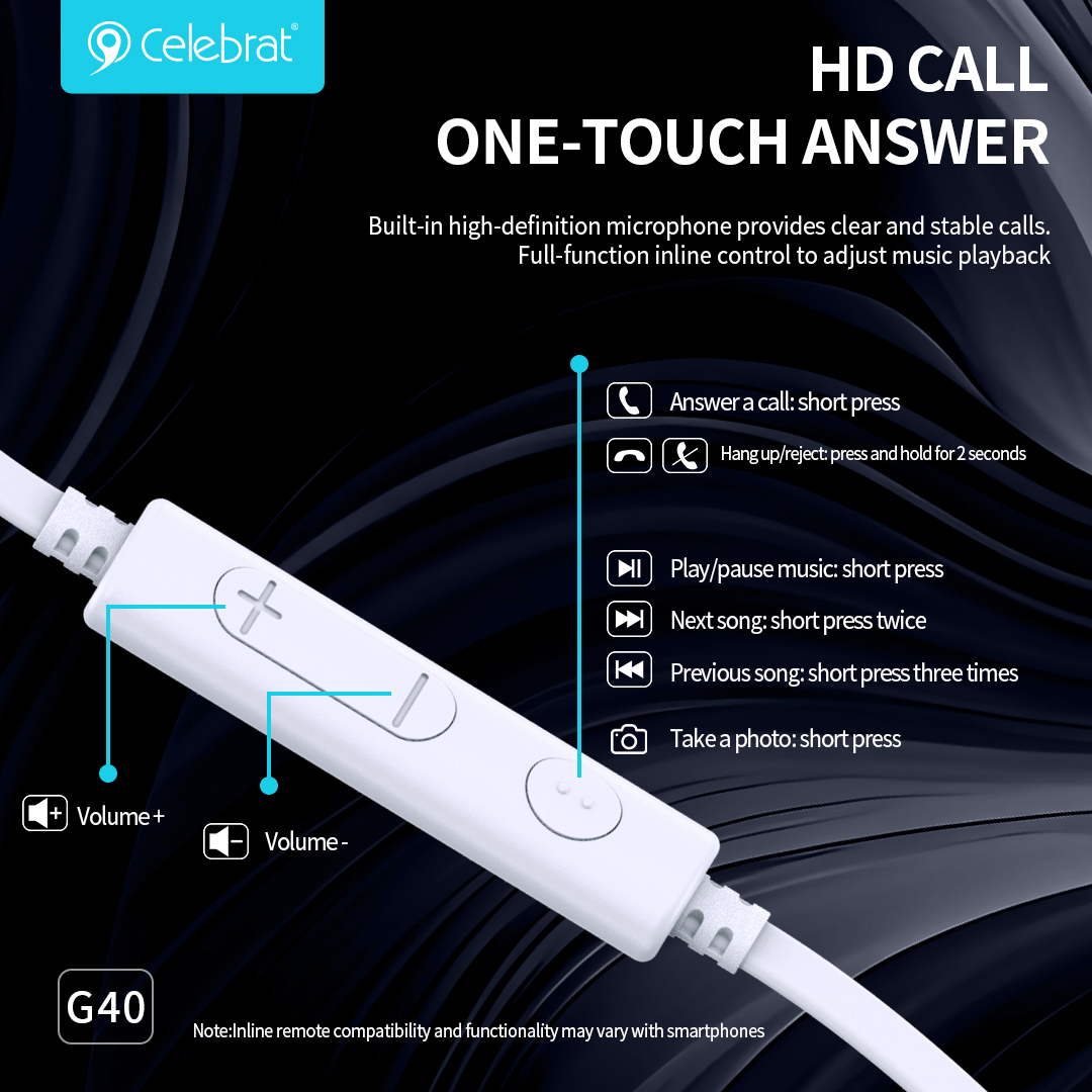 CELEBRAT earphones με μικρόφωνο G40, USB-C σύνδεση, 10mm, 1.2m, λευκά - Image 3