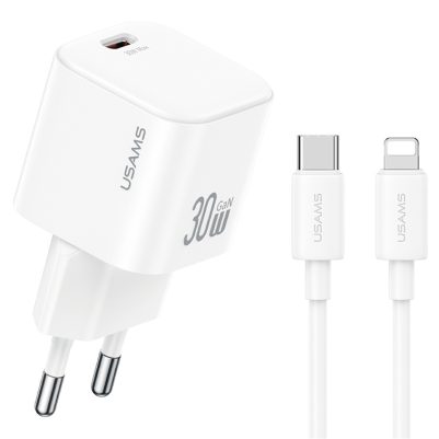 USAMS φορτιστής τοίχου CC262 με καλώδιο Lightning, 30W, GaN, λευκός