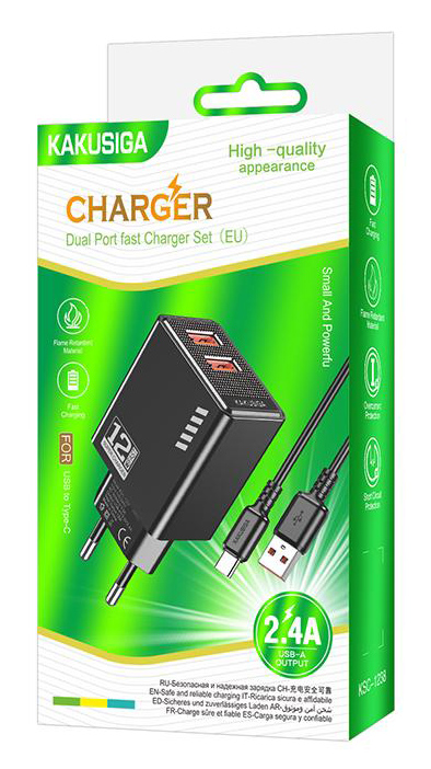 KAKUSIGA φορτιστής τοίχου KSC-1238 με καλώδιο USB-C, 2x USB, 12W, μαύρος - Image 3