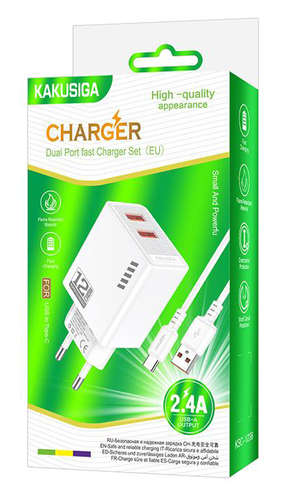 KAKUSIGA φορτιστής τοίχου KSC-1238 με καλώδιο USB-C, 2x USB, 12W, λευκός - Image 3