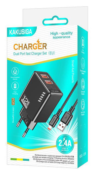 KAKUSIGA φορτιστής τοίχου KSC-1238 με καλώδιο Lightning, 2x USB, 12W, μαύρος - Image 3