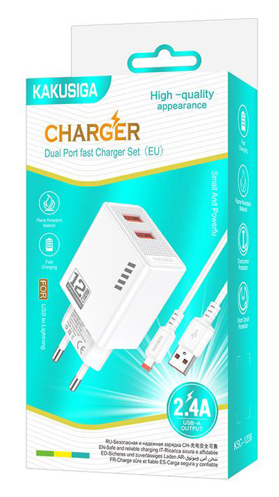 KAKUSIGA φορτιστής τοίχου KSC-1238 με καλώδιο Lightning, 2x USB, 12W, λευκός - Image 3