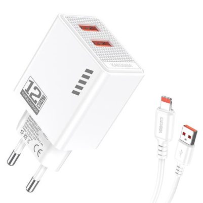 KAKUSIGA φορτιστής τοίχου KSC-1238 με καλώδιο Lightning, 2x USB, 12W, λευκός