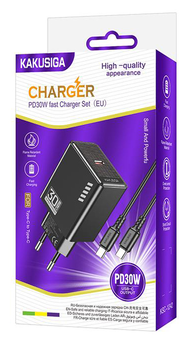 KAKUSIGA φορτιστής τοίχου KSC-1242 με καλώδιο USB-C, USB-C, 30W, μαύρος - Image 3
