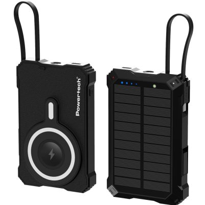 POWERTECH ηλιακό power bank PT-1505 με καλώδιο & φακό, 10000mah, magnetic wireless, 35W, μαύρο