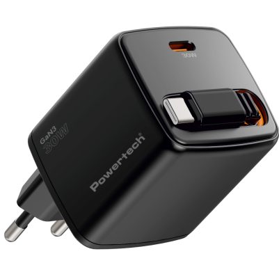 POWERTECH φορτιστής τοίχου PT-1571 με πτυσσόμενο καλώδιο, USB-C, 30W, GaN, μαύρος