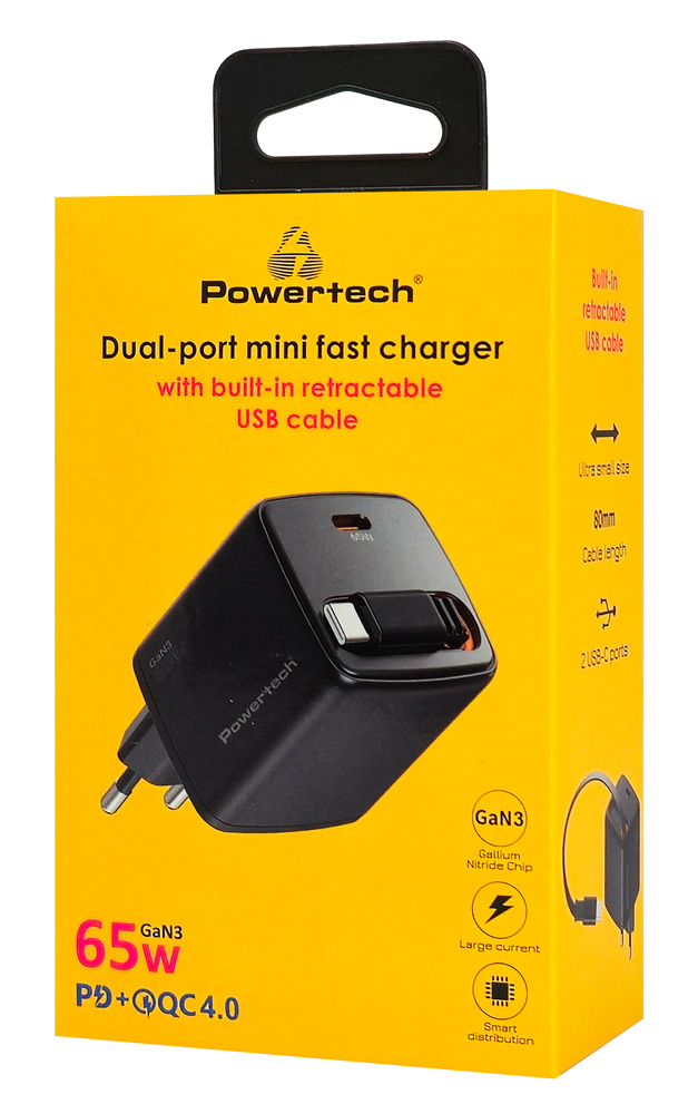 POWERTECH φορτιστής τοίχου PT-1573 με πτυσσόμενο καλώδιο, USB-C, 65W, GaN, μαύρος - Image 3