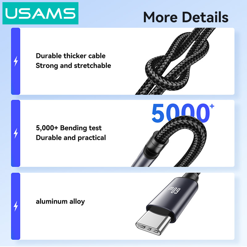 USAMS καλώδιο USB-C SJ769, 60W, 480Mbps, 1m, μαύρο - Image 2
