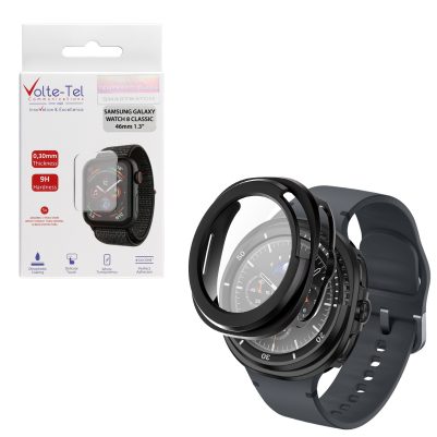 VOLTE-TEL PC EDGE COVER TEMPERED GLASS SAMSUNG GALAXY WATCH 8 CLASSIC 46mm 1.3in 9H 0.30mm 3D FULL GLUE FULL COVER BLACK
