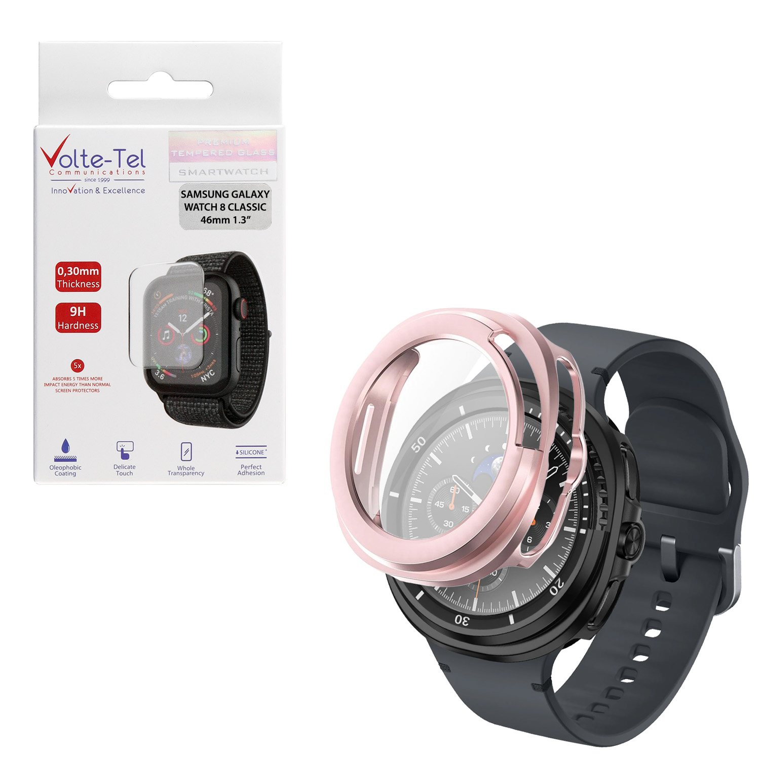 VOLTE-TEL PC EDGE COVER TEMPERED GLASS SAMSUNG GALAXY WATCH 8 CLASSIC 46mm 1.3in 9H 0.30mm 3D FULL GLUE FULL COVER ROSE GOLD