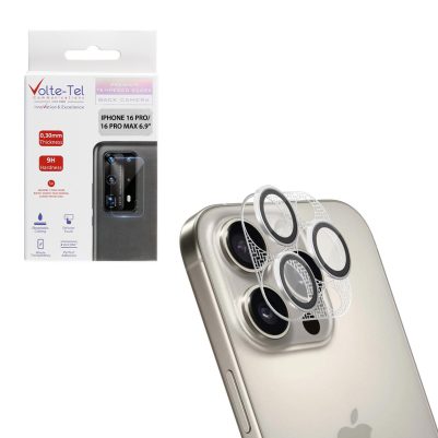 VOLTE-TEL CAMERA GLASS COVER IPHONE 16/15/14 PRO 6.3in/IPHONE 16 PRO MAX 6.9in 9H 0.30MM 3D AR NICKEL-ELECTROPLATING FRAME SILVE