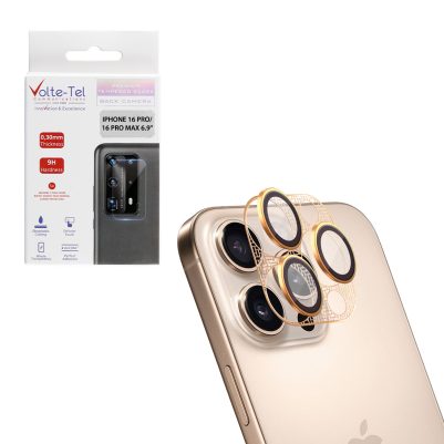 VOLTE-TEL CAMERA GLASS COVER IPHONE 16/15/14 PRO 6.3in/IPHONE 16 PRO MAX 6.9in 9H 0.30MM 3D AR NICKEL-ELECTROPLATING FRAME GOLD