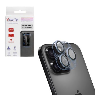 VOLTE-TEL CAMERA GLASS COVER IPHONE 16/15/14 PRO 6.3in/IPHONE 16 PRO MAX 6.9in 9H 0.30MM 3D AR NICKEL-ELECTROPLATING FRAME BLUE