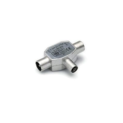 Antenna 2 way splitter, 1 x coax socket IEC 9,5mm - 2 x coax plugs IEC 9,5mm, Metal