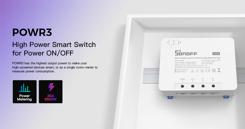 SONOFF smart διακόπτης παρακολούθησης ισχύος POWR3, WiFi, 25A, λευκός - Image 2