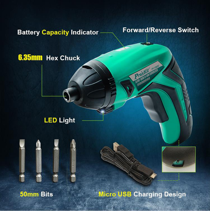 PROSKIT ηλεκτρικό κατσαβίδι PT-1362U με 4 μύτες, LED φακός, 1500mAh - Image 2