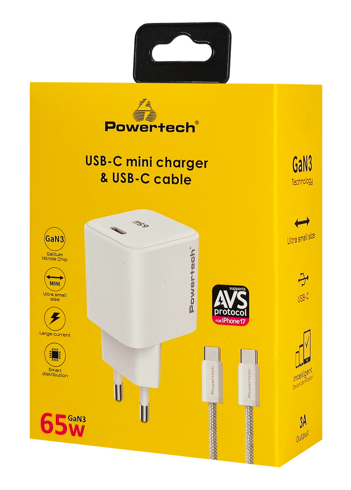 POWERTECH φορτιστής τοίχου PT-1577 με καλώδιο, USB-C, 65W, GaN, AVS, λευκός - Image 3
