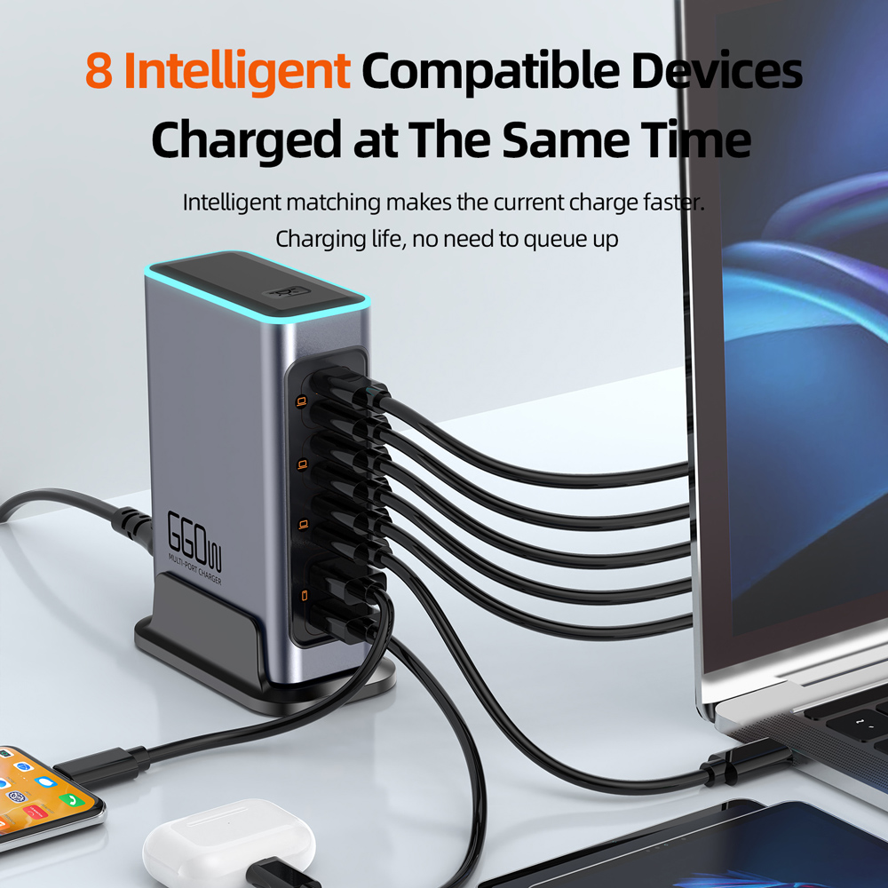 POWERTECH σταθμός φόρτισης PT-1621, 2x USB & 6x USB-C, GaN, 140W, γκρι - Image 2