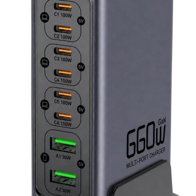 POWERTECH σταθμός φόρτισης PT-1621, 2x USB & 6x USB-C, GaN, 140W, γκρι