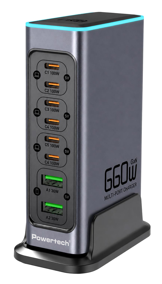 POWERTECH σταθμός φόρτισης PT-1621, 2x USB & 6x USB-C, GaN, 140W, γκρι