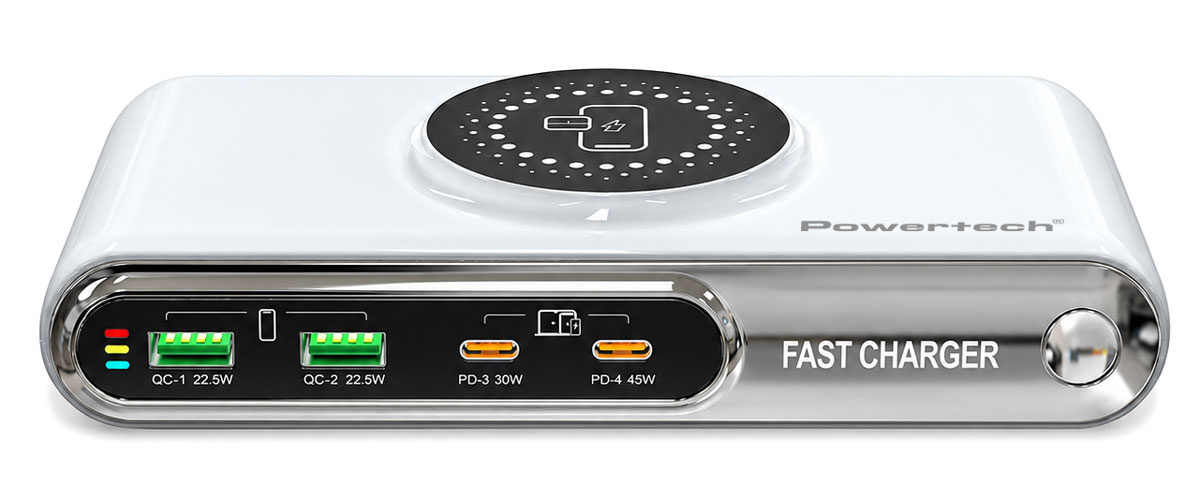 POWERTECH σταθμός φόρτισης PT-1624, 2x USB/2x USB-C/wireless, 72W, λευκός