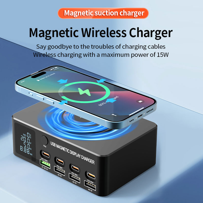 POWERTECH σταθμός φόρτισης PT-1625 με οθόνη, 4x USB/4x USB-C/wireless, 140W, μαύρος - Image 2