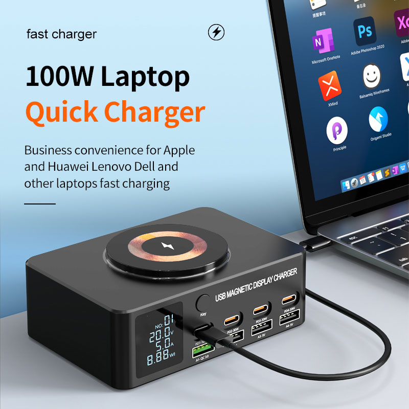 POWERTECH σταθμός φόρτισης PT-1625 με οθόνη, 4x USB/4x USB-C/wireless, 140W, μαύρος - Image 3
