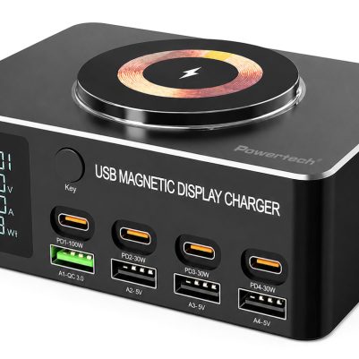 POWERTECH σταθμός φόρτισης PT-1625 με οθόνη, 4x USB/4x USB-C/wireless, 140W, μαύρος