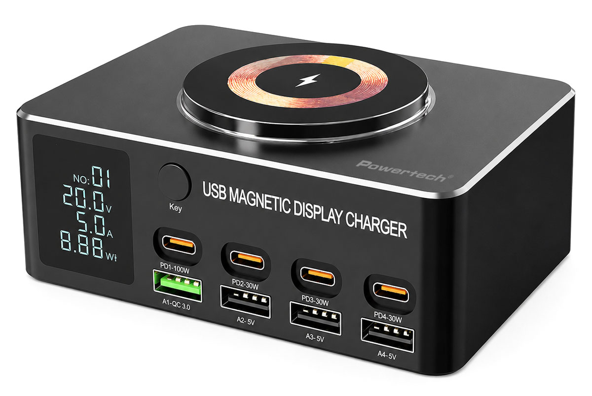 POWERTECH σταθμός φόρτισης PT-1625 με οθόνη, 4x USB/4x USB-C/wireless, 140W, μαύρος