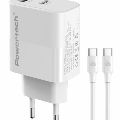 POWERTECH φορτιστής τοίχου PT-1636 με καλώδιο, USB/USB-C, 30W, GaN, λευκός