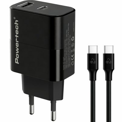 POWERTECH φορτιστής τοίχου PT-1637 με καλώδιο, USB/USB-C, 20W, μαύρος