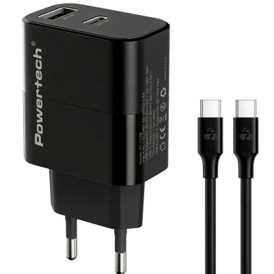POWERTECH φορτιστής τοίχου PT-1638 με καλώδιο, USB/USB-C, 30W, GaN, μαύρος