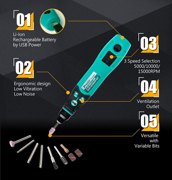 PROSKIT περιστροφικό πολυεργαλείο PT-5205U, 3.7V, 600mah, έως 15000rpm - Image 3