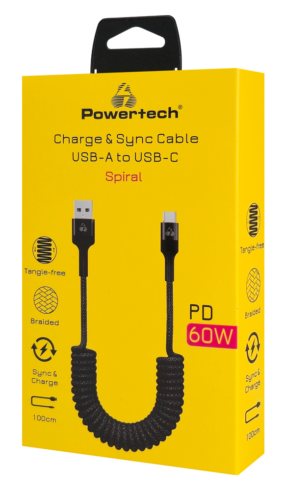 POWERTECH καλώδιο USB-C σε USB PTR-0197 με spiral καλώδιο, PD 60W, 480Mbps, 1m, μαύρο - Image 2