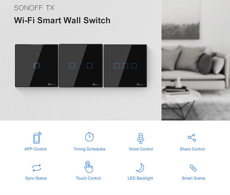 SONOFF smart διακόπτης ΤΧ-T3EU2C, αφής, Wi-Fi, διπλός, μαύρος - Image 3