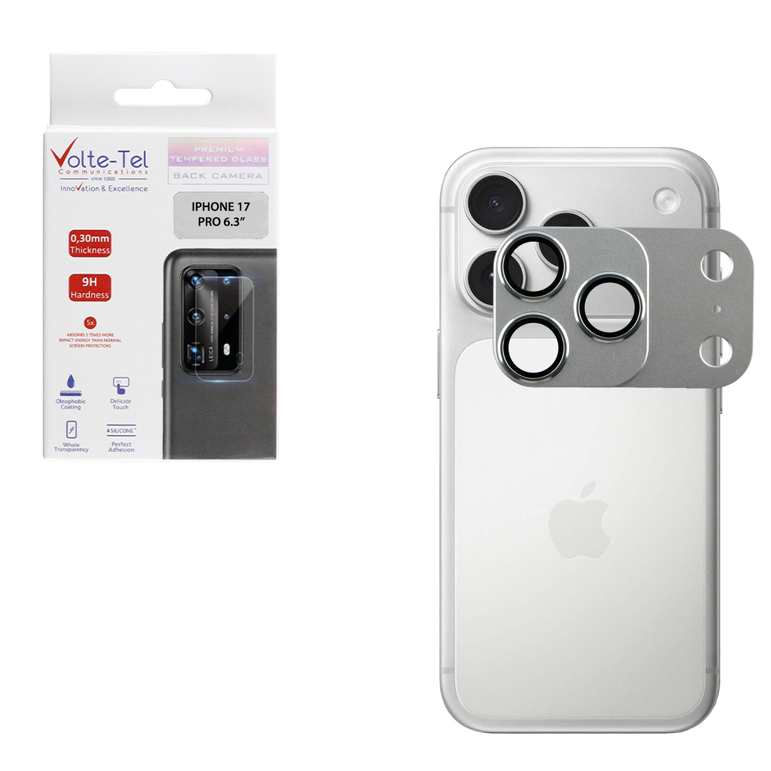 VOLTE-TEL CAMERA GLASS COVER IPHONE 17 PRO 6.3in 9H 0.30MM 3D AR ALUMINIUM-ELECTROPLATING FRAME - MAGNETIC SILVER