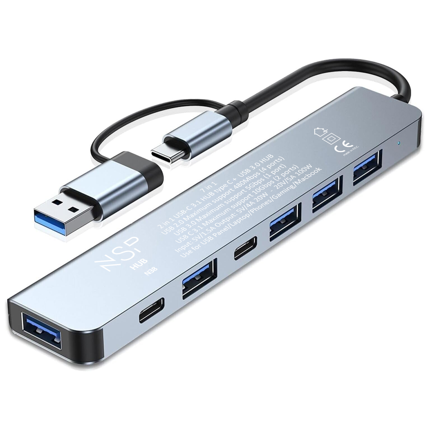 NSP N38 7IN1 HUB WITH DUAL USB-C/USB-A+OTG CONNECTOR USB-C 3.1 10Gbps (2ports)+USB 3.0 5Gbps +USB-A 2.0 480Mbps (4port) ALUMINIU