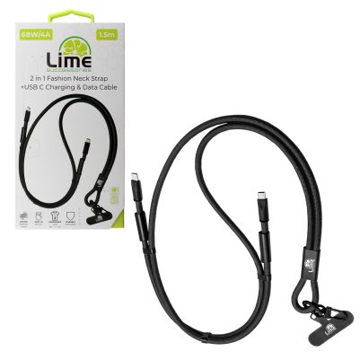 LIME 2 IN 1 FASHION NECK STRAP - USB-C TO USB-C 4A ΦΟΡΤΙΣΗΣ-DATA DURABLE BRAIDED 1.5m LSCC01 68W BLACK