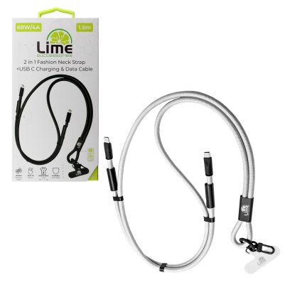 LIME 2 IN 1 FASHION NECK STRAP - USB-C TO USB-C 4A ΦΟΡΤΙΣΗΣ-DATA DURABLE BRAIDED 1.5m LSCC01 68W WHITE