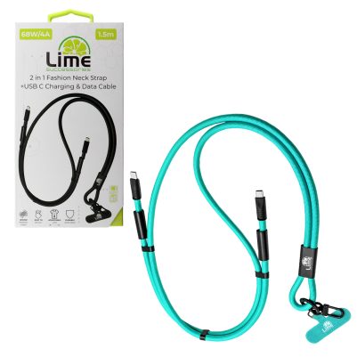 LIME 2 IN 1 FASHION NECK STRAP - USB-C TO USB-C 4A ΦΟΡΤΙΣΗΣ-DATA DURABLE BRAIDED 1.5m LSCC01 68W BLUE