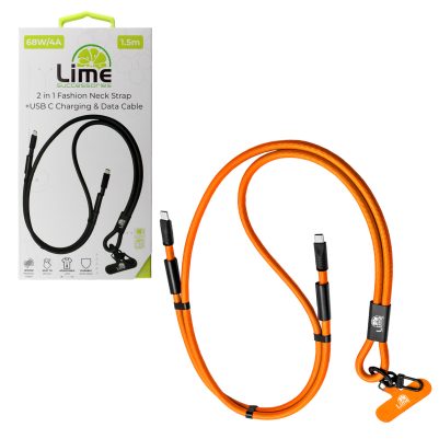 LIME 2 IN 1 FASHION NECK STRAP - USB-C TO USB-C 4A ΦΟΡΤΙΣΗΣ-DATA DURABLE BRAIDED 1.5m LSCC01 68W ORANGE