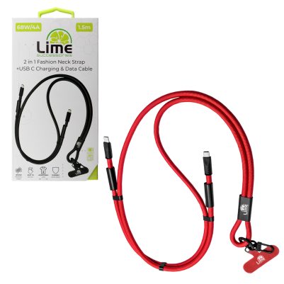 LIME 2 IN 1 FASHION NECK STRAP - USB-C TO USB-C 4A ΦΟΡΤΙΣΗΣ-DATA DURABLE BRAIDED 1.5m LSCC01 68W RED