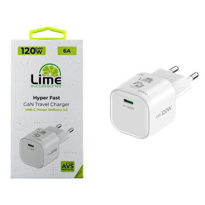 LIME USB-C GAN PD 3.0 AVS HYPER FAST TRAVEL QC 3.0 LCC120W 5V-9V 4A/ 12V 5A/ 15V-20V 6A 120W WHITE