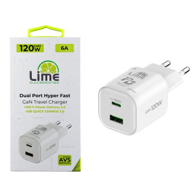 LIME USB-C GAN PD 3.0 DUAL AVS HYPER FAST TRAVEL QC 3.0 LDC120W 99W + USB-A QC 3.0 21W TOTAL 120W WHITE